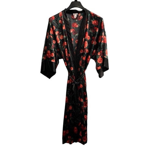 Ambrielle Robe Womens L Black Satin Red Rose Floral Print Long Tie Waist Classic - Picture 1 of 9